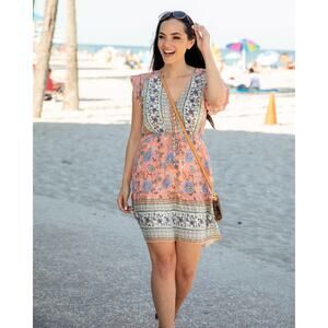 Pink Floral Print V Neckline Mini Dress - L